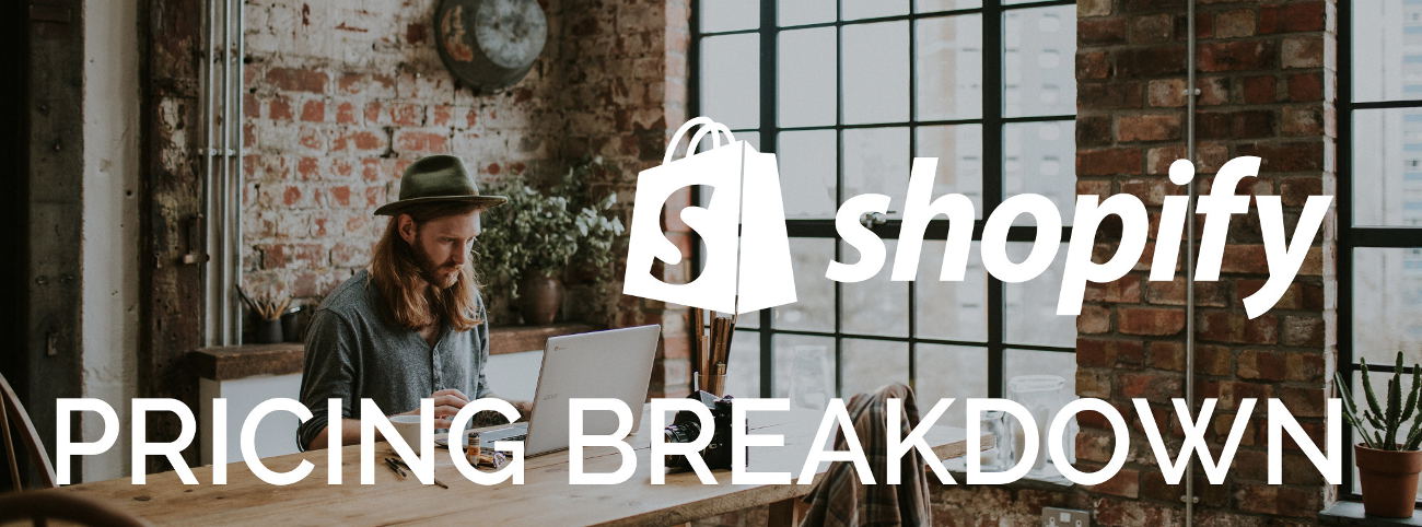 Shopify pricing text with cafe tech scene background